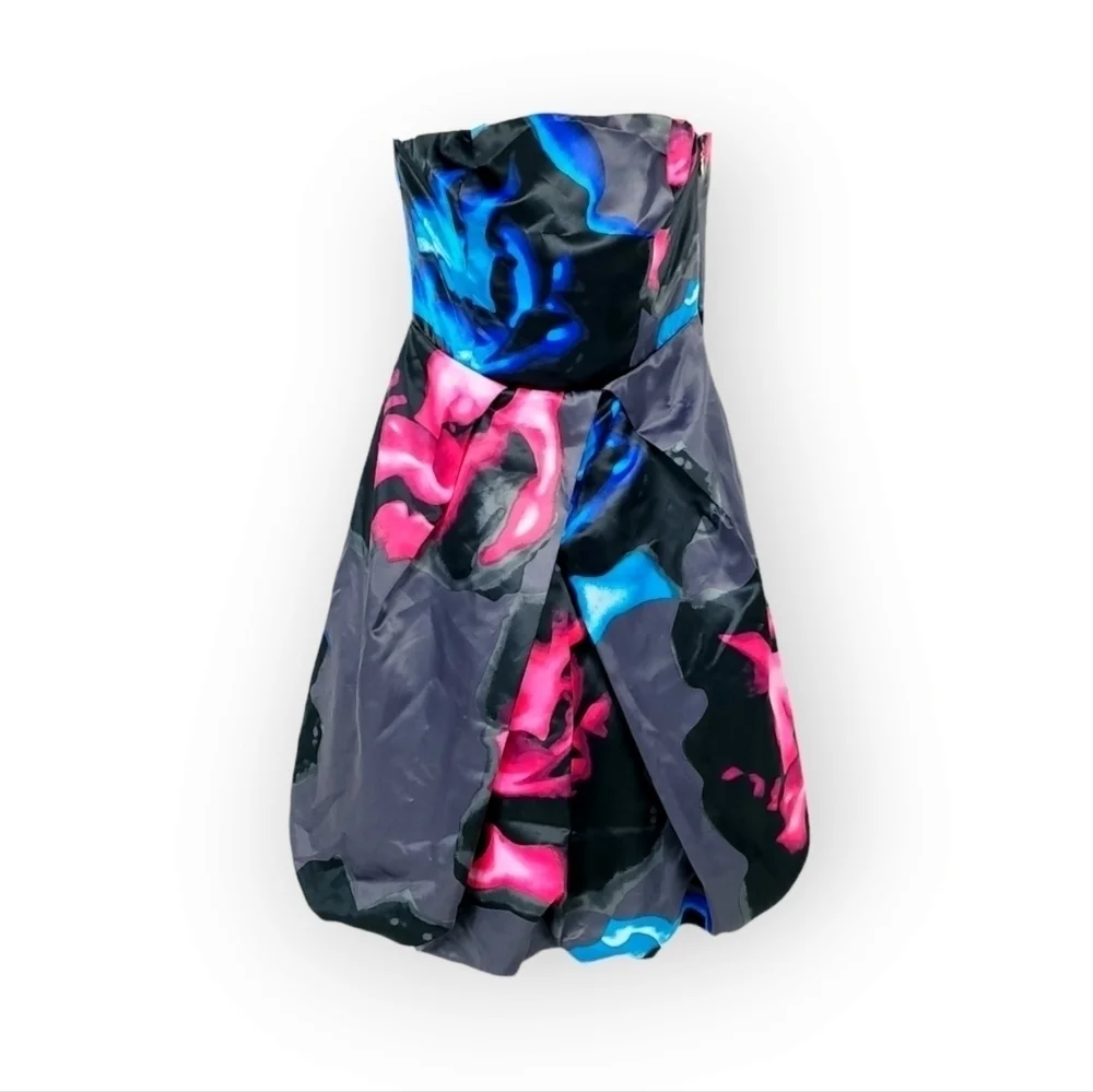 Express strapless bubble hem dress, pink and blue abstract floral design size 2 - Picture 2 of 7